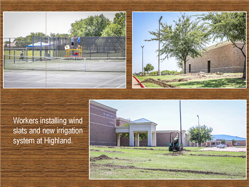 Three photos of workers installing wind slats and new irrigation system at Highland Middle School. 